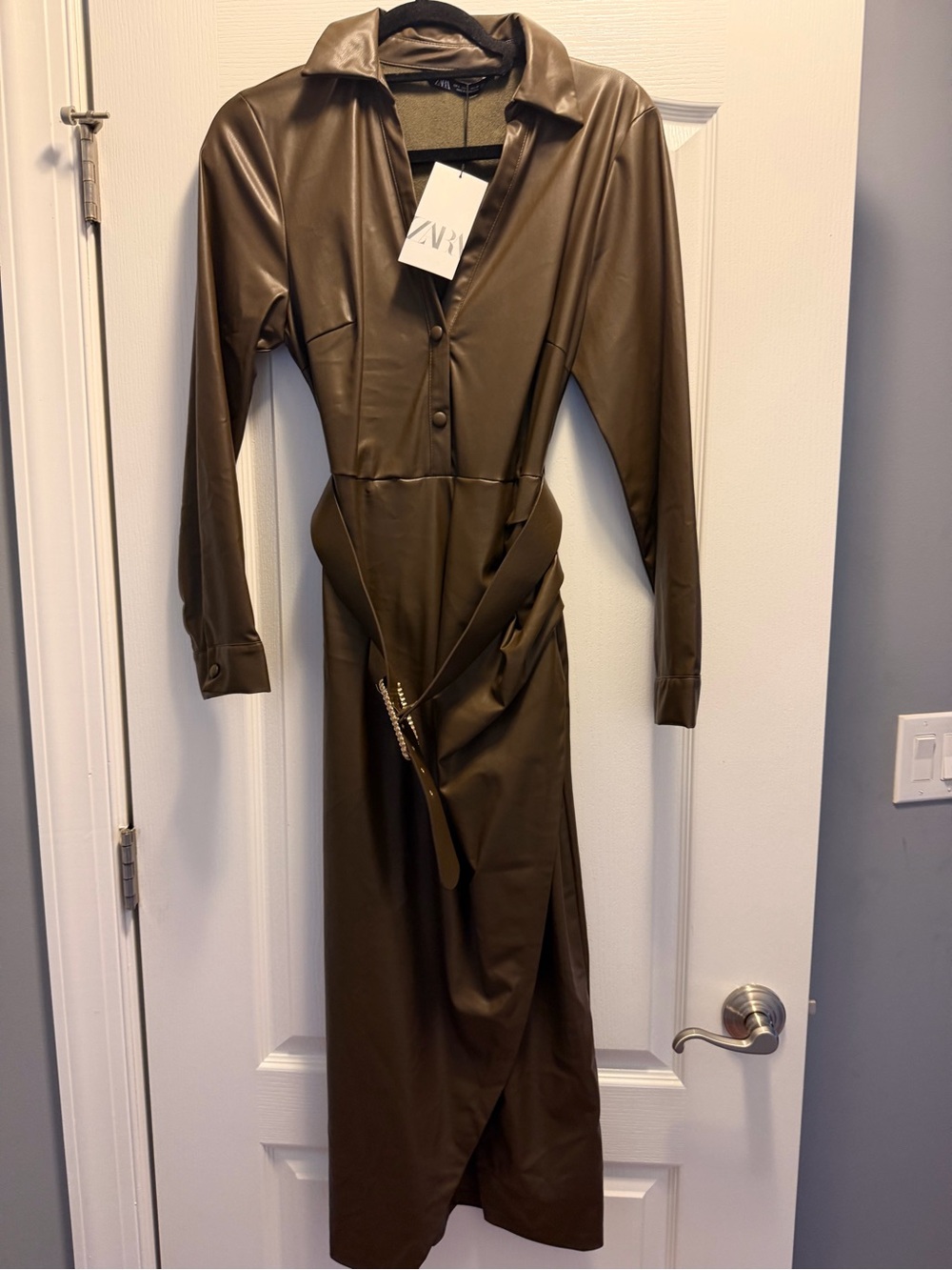 ZARA Olive Green Faux Leather Long-Sleeve Shirt Dress